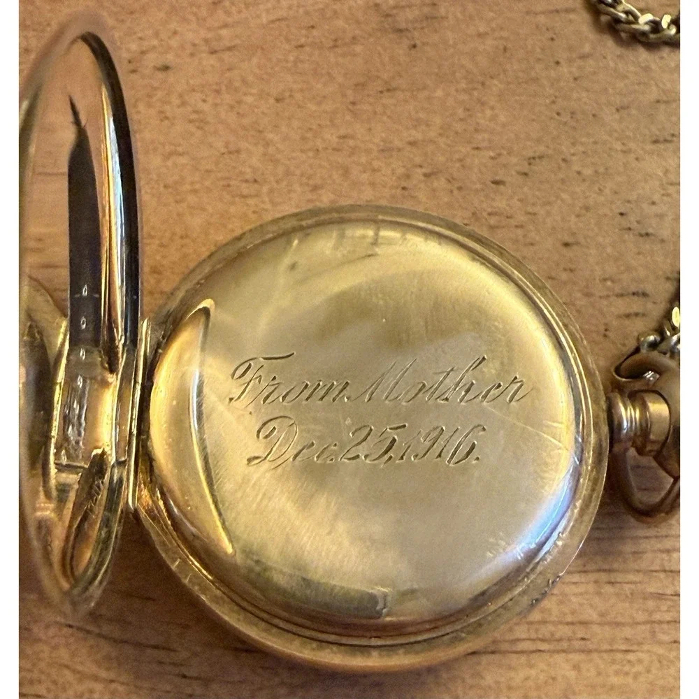 Antique 1916 Elgin Pocket Watch Gold Filled W/ Necklace Inscribed Needs Battery